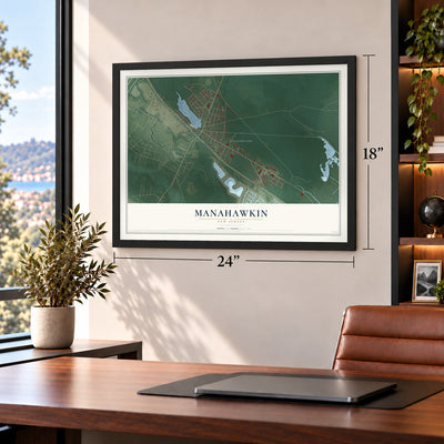 Manahawkin, New Jersey map, 18 x 24 inch print in a black frame in a home office