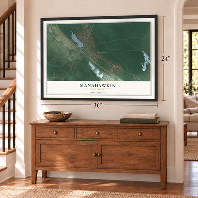 Manahawkin, New Jersey map, 24 x 36 inch print in a black frame above a dresser by a staircase