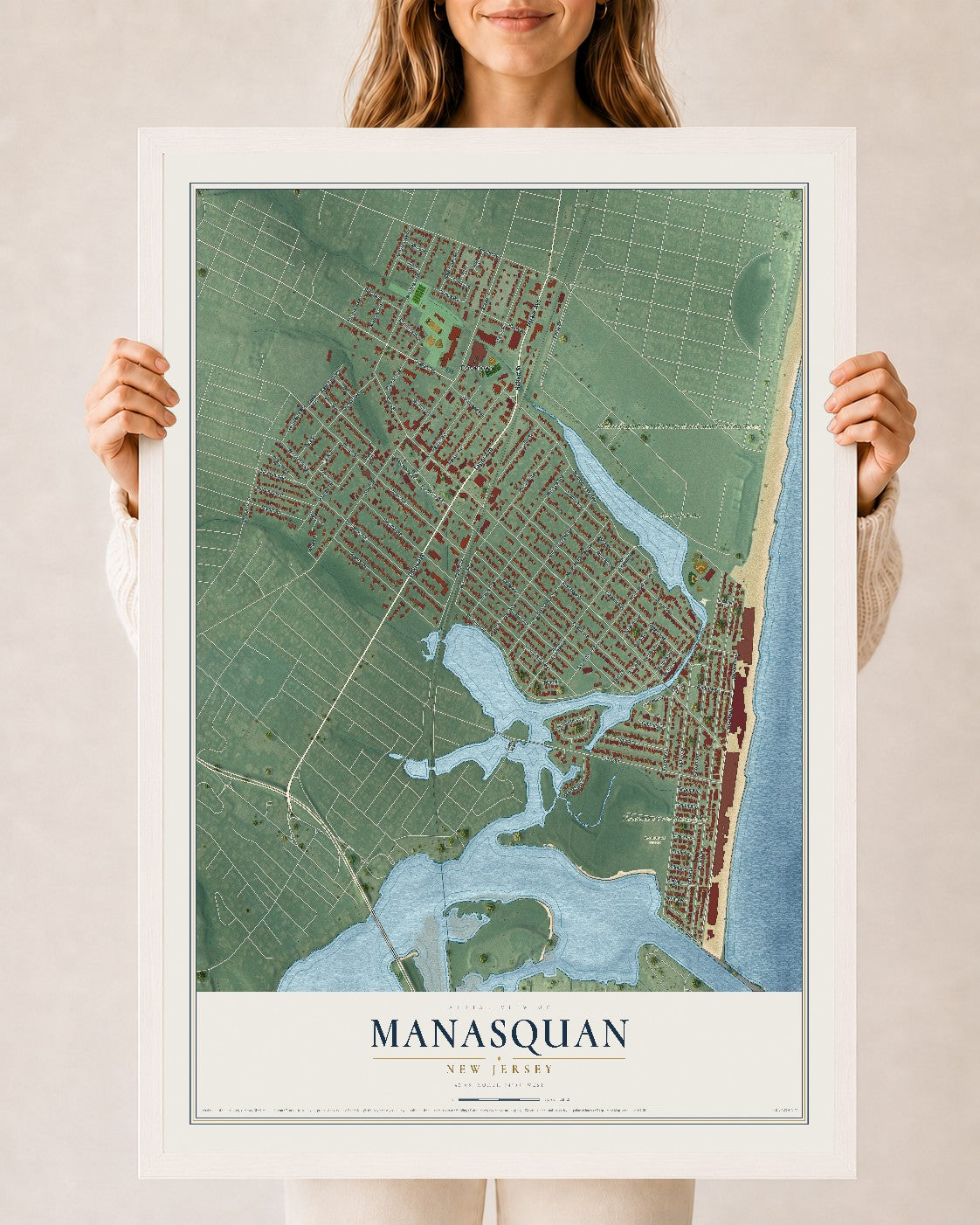 Manasquan, New Jersey map print, 24" x 36" W/ White Ayous Wood Frame mockup