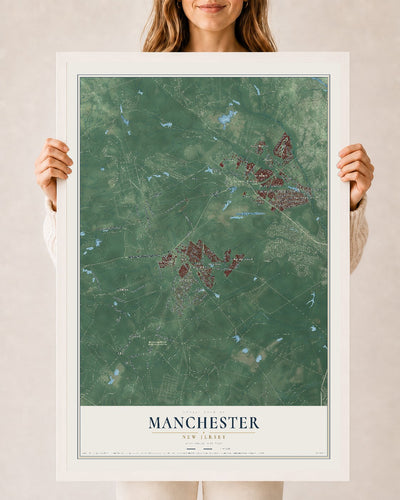 Manchester, New Jersey map print, 24" x 36" W/ White Ayous Wood Frame mockup