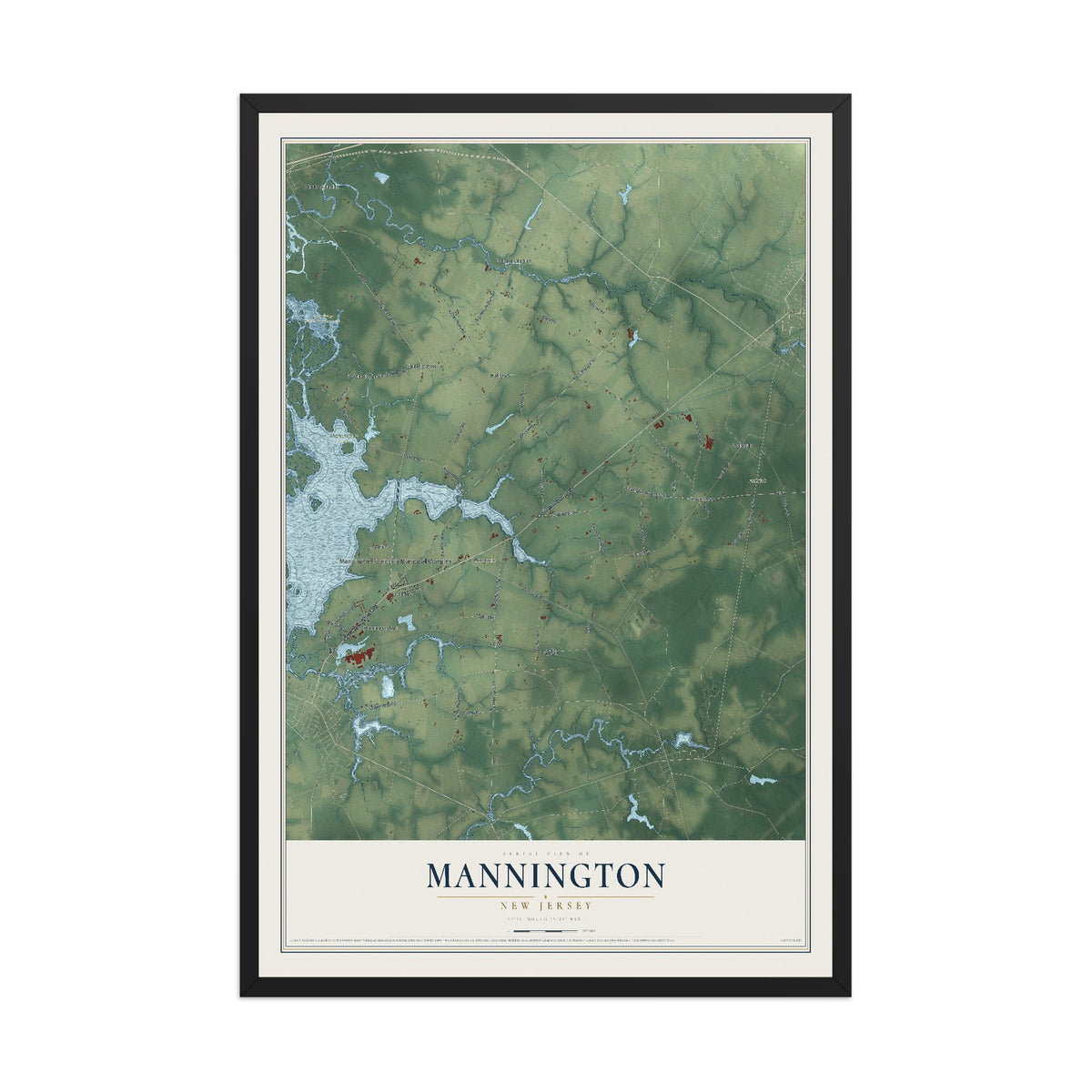 Mannington, New Jersey map print, 12" x 18" W/ Black Ayous Wood Frame mockup