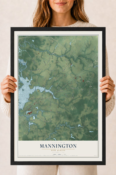 Mannington, New Jersey map print, 18" x 24" W/ Black Ayous Wood Frame mockup