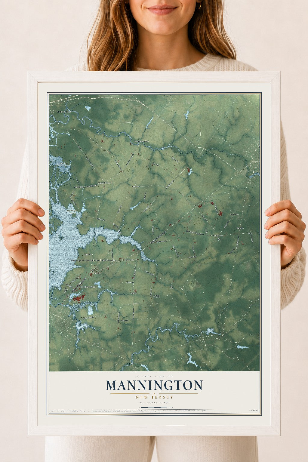 Mannington, New Jersey map print, 18" x 24" W/ White Ayous Wood Frame mockup