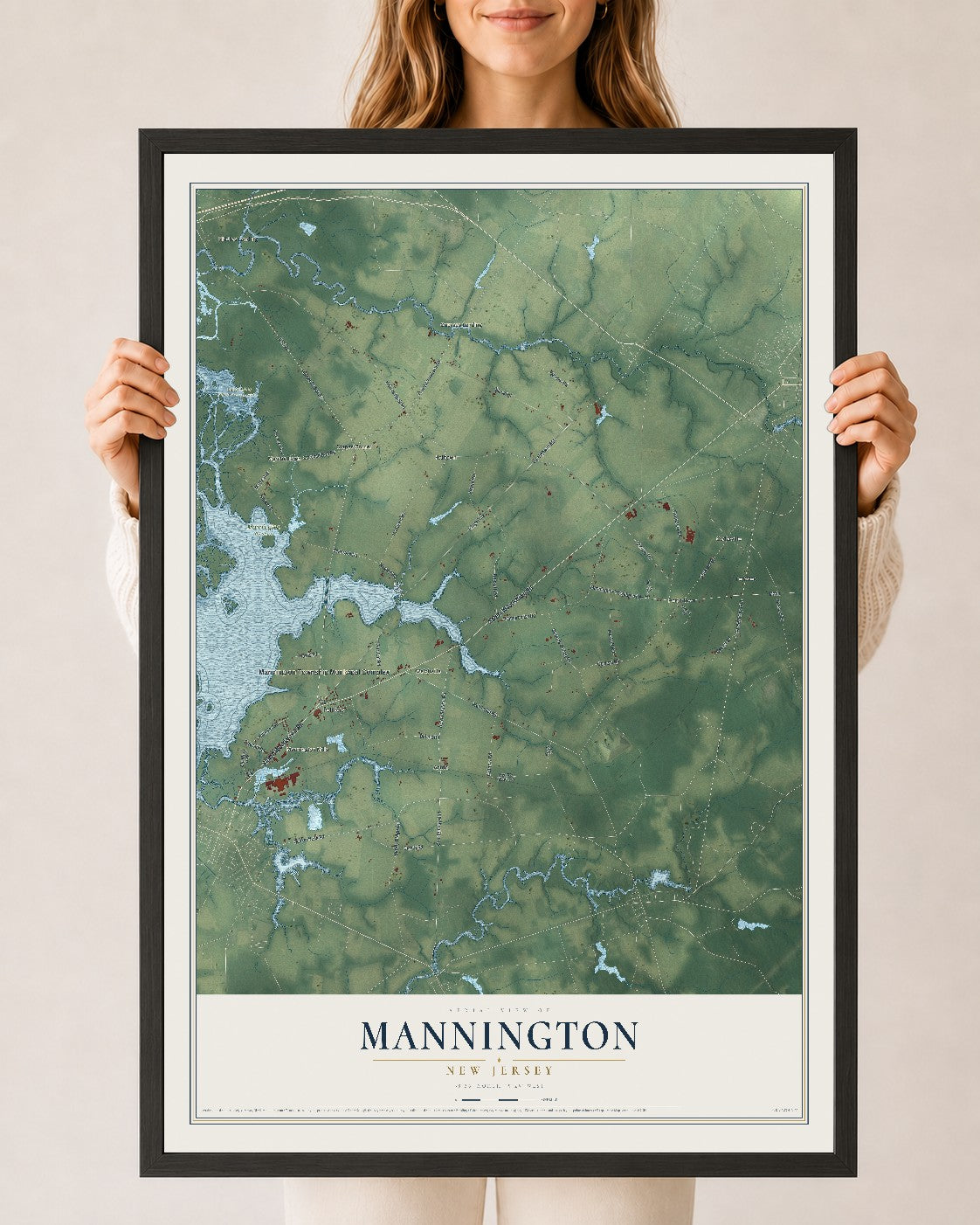 Mannington, New Jersey map print, 24" x 36" W/ Black Ayous Wood Frame mockup