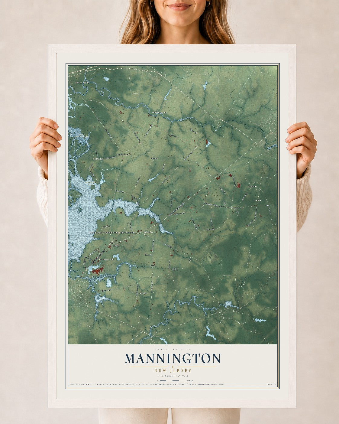 Mannington, New Jersey map print, 24" x 36" W/ White Ayous Wood Frame mockup