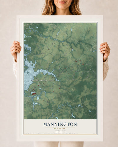 Mannington, New Jersey map print, 24" x 36" W/ White Ayous Wood Frame mockup
