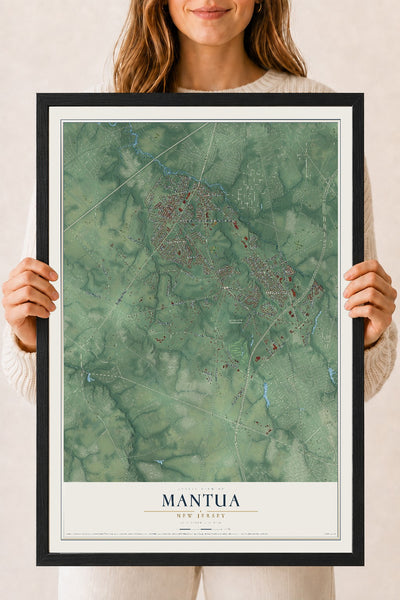 Mantua, New Jersey map print, 18" x 24" W/ Black Ayous Wood Frame mockup