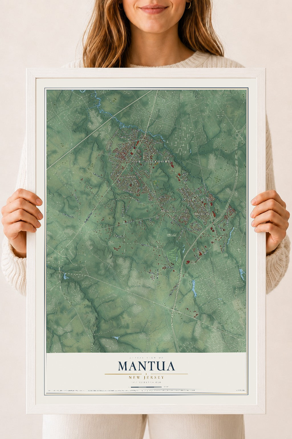 Mantua, New Jersey map print, 18" x 24" W/ White Ayous Wood Frame mockup