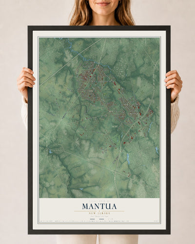 Mantua, New Jersey map print, 24" x 36" W/ Black Ayous Wood Frame mockup