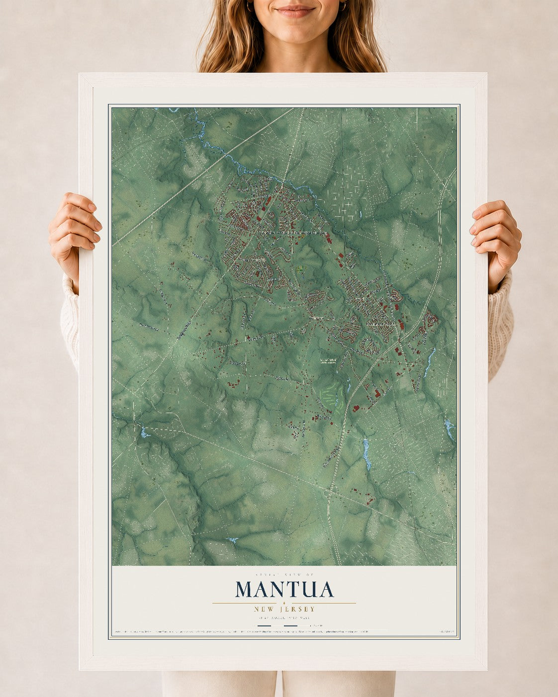 Mantua, New Jersey map print, 24" x 36" W/ White Ayous Wood Frame mockup