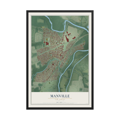 Manville, New Jersey map print, 12" x 18" W/ Black Ayous Wood Frame mockup