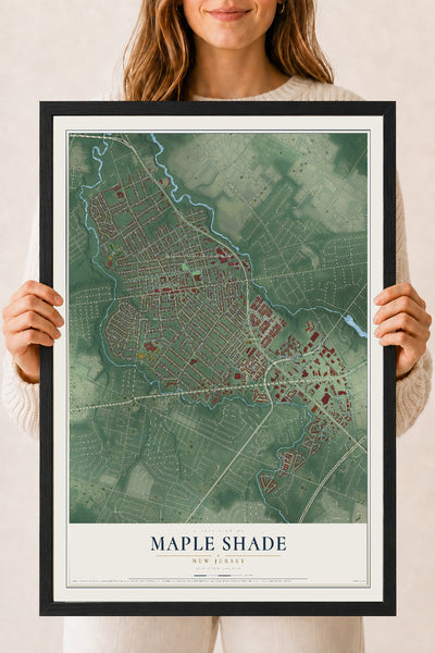 Maple Shade, New Jersey map print, 18" x 24" W/ Black Ayous Wood Frame mockup