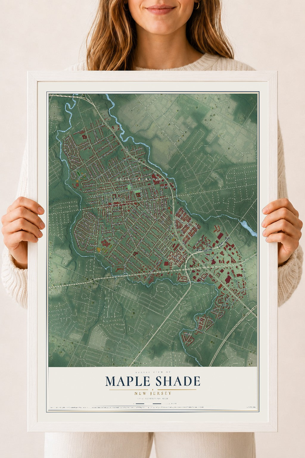 Maple Shade, New Jersey map print, 18" x 24" W/ White Ayous Wood Frame mockup