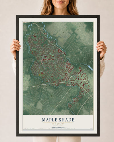 Maple Shade, New Jersey map print, 24" x 36" W/ Black Ayous Wood Frame mockup
