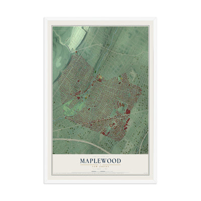 Maplewood, New Jersey map print, 12" x 18" W/ White Ayous Wood Frame mockup