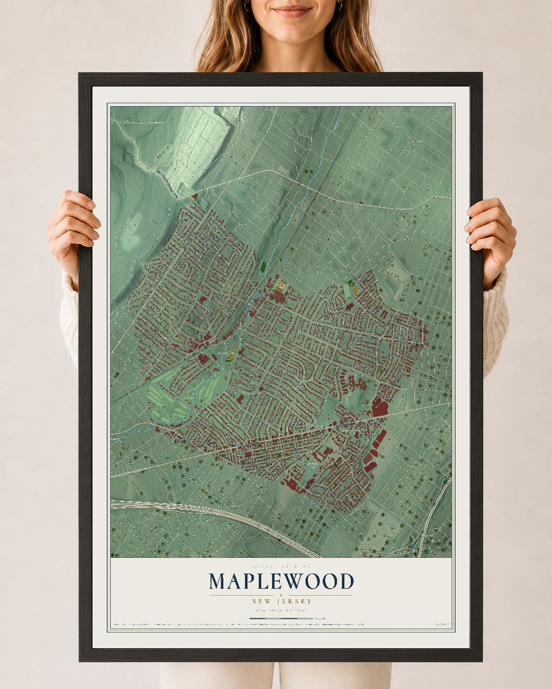 Maplewood, New Jersey map print, 24" x 36" W/ Black Ayous Wood Frame mockup
