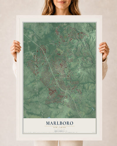 Marlboro, New Jersey map print, 24" x 36" W/ White Ayous Wood Frame mockup