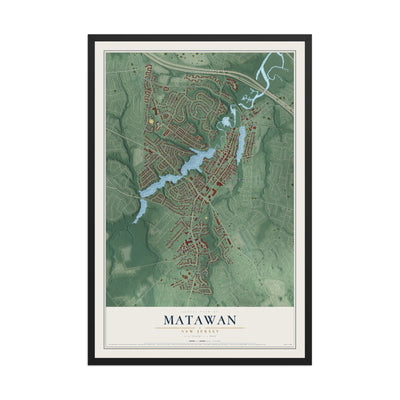 Matawan, New Jersey map print, 12" x 18" W/ Black Ayous Wood Frame mockup