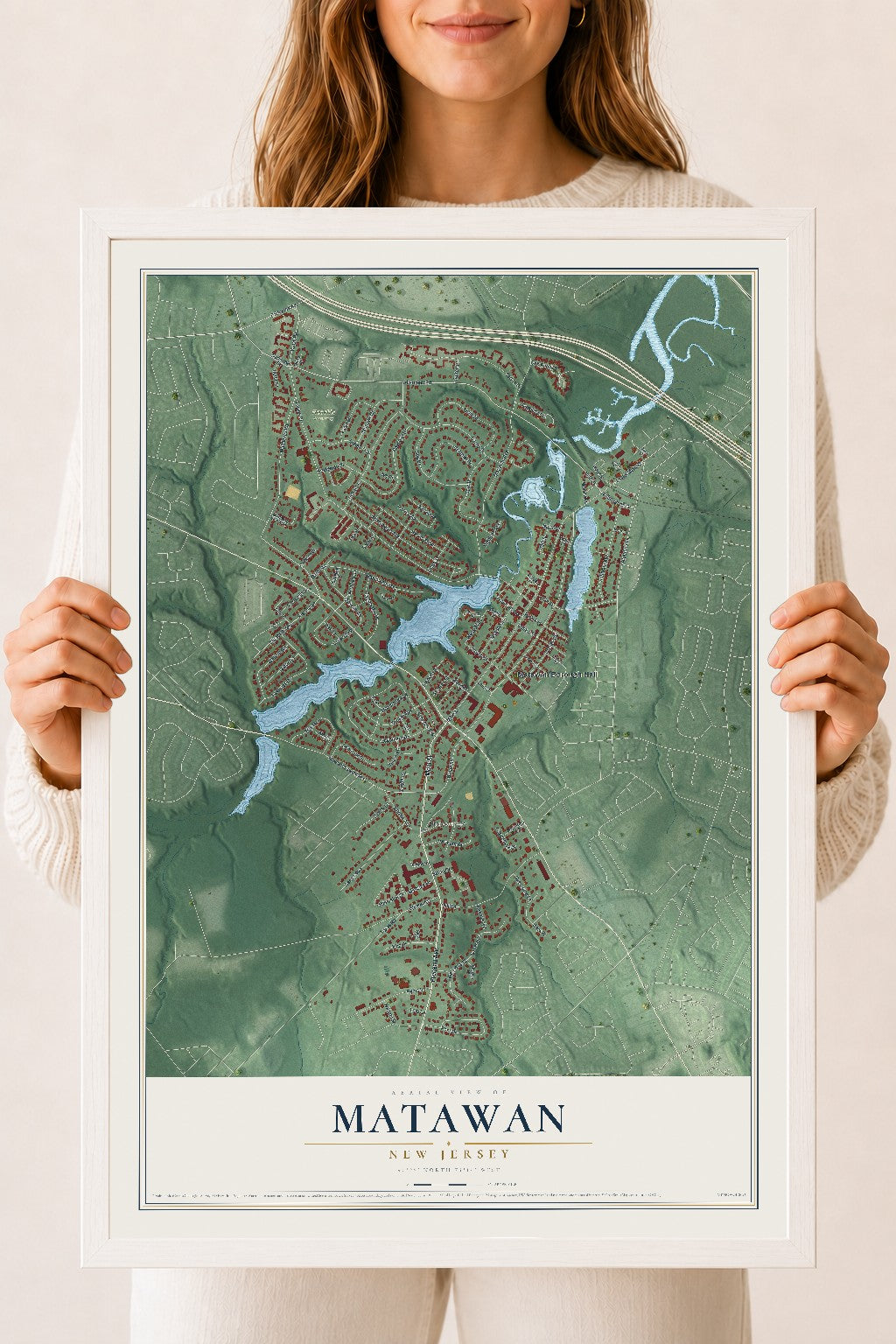 Matawan, New Jersey map print, 18" x 24" W/ White Ayous Wood Frame mockup