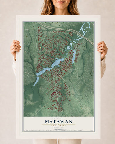 Matawan, New Jersey map print, 24" x 36" W/ White Ayous Wood Frame mockup