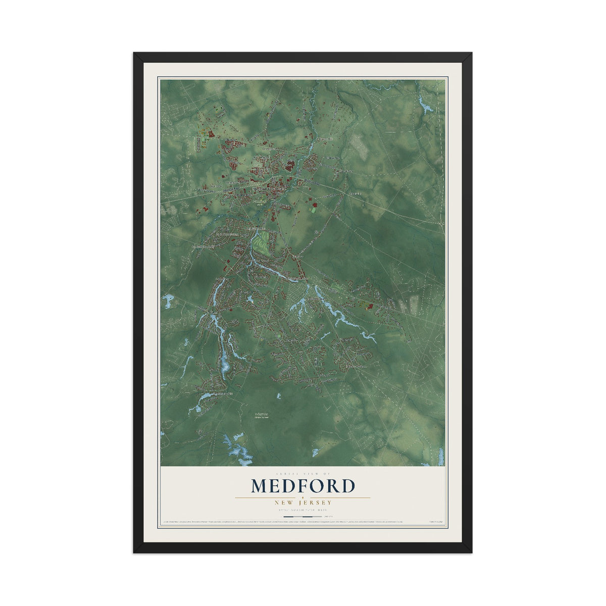 Medford, New Jersey map print, 12" x 18" W/ Black Ayous Wood Frame mockup