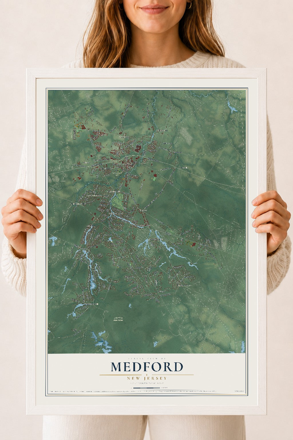 Medford, New Jersey map print, 18" x 24" W/ White Ayous Wood Frame mockup