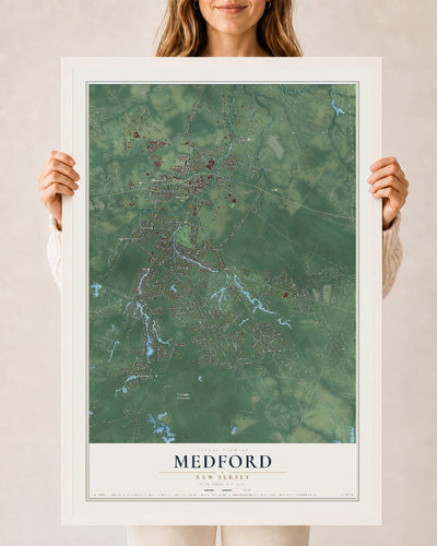 Medford, New Jersey map print, 24" x 36" W/ White Ayous Wood Frame mockup