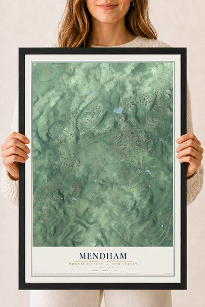 Mendham, New Jersey map print, 18" x 24" W/ Black Ayous Wood Frame mockup