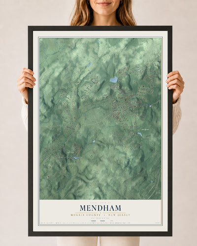 Mendham, New Jersey map print, 24" x 36" W/ Black Ayous Wood Frame mockup