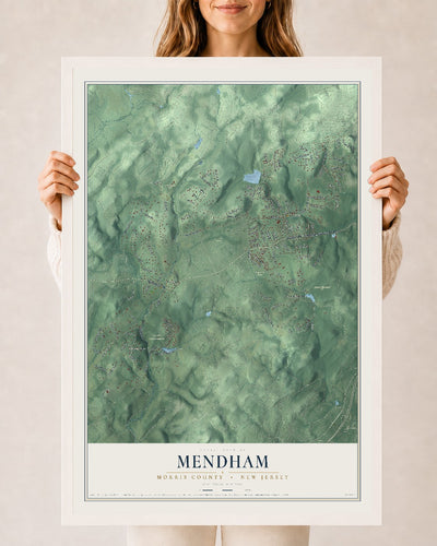 Mendham, New Jersey map print, 24" x 36" W/ White Ayous Wood Frame mockup