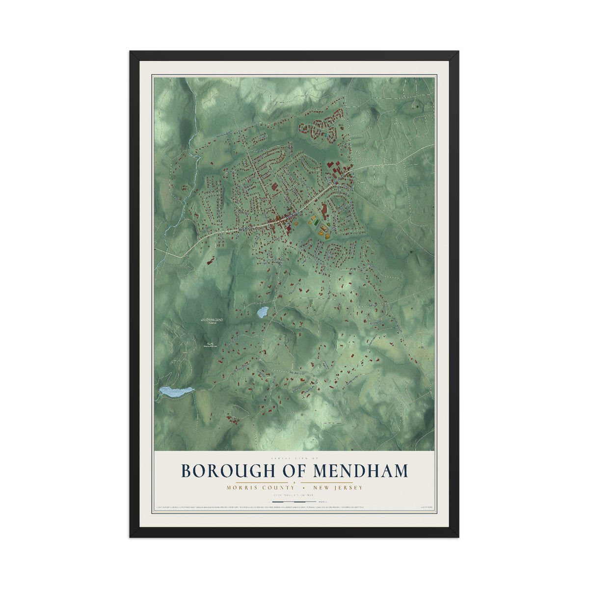 Borough of Mendham, New Jersey map print, 12" x 18" W/ Black Ayous Wood Frame mockup
