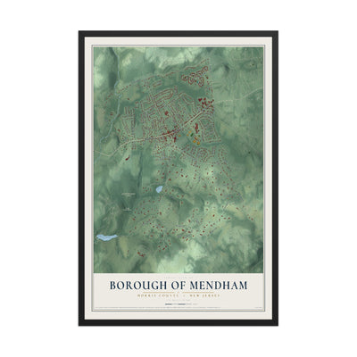 Borough of Mendham, New Jersey map print, 12" x 18" W/ Black Ayous Wood Frame mockup