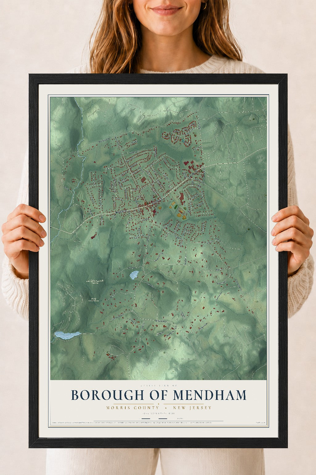 Borough of Mendham, New Jersey map print, 18" x 24" W/ Black Ayous Wood Frame mockup