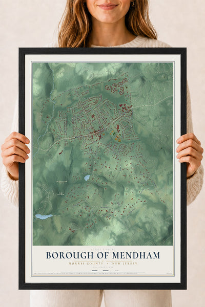 Borough of Mendham, New Jersey map print, 18" x 24" W/ Black Ayous Wood Frame mockup