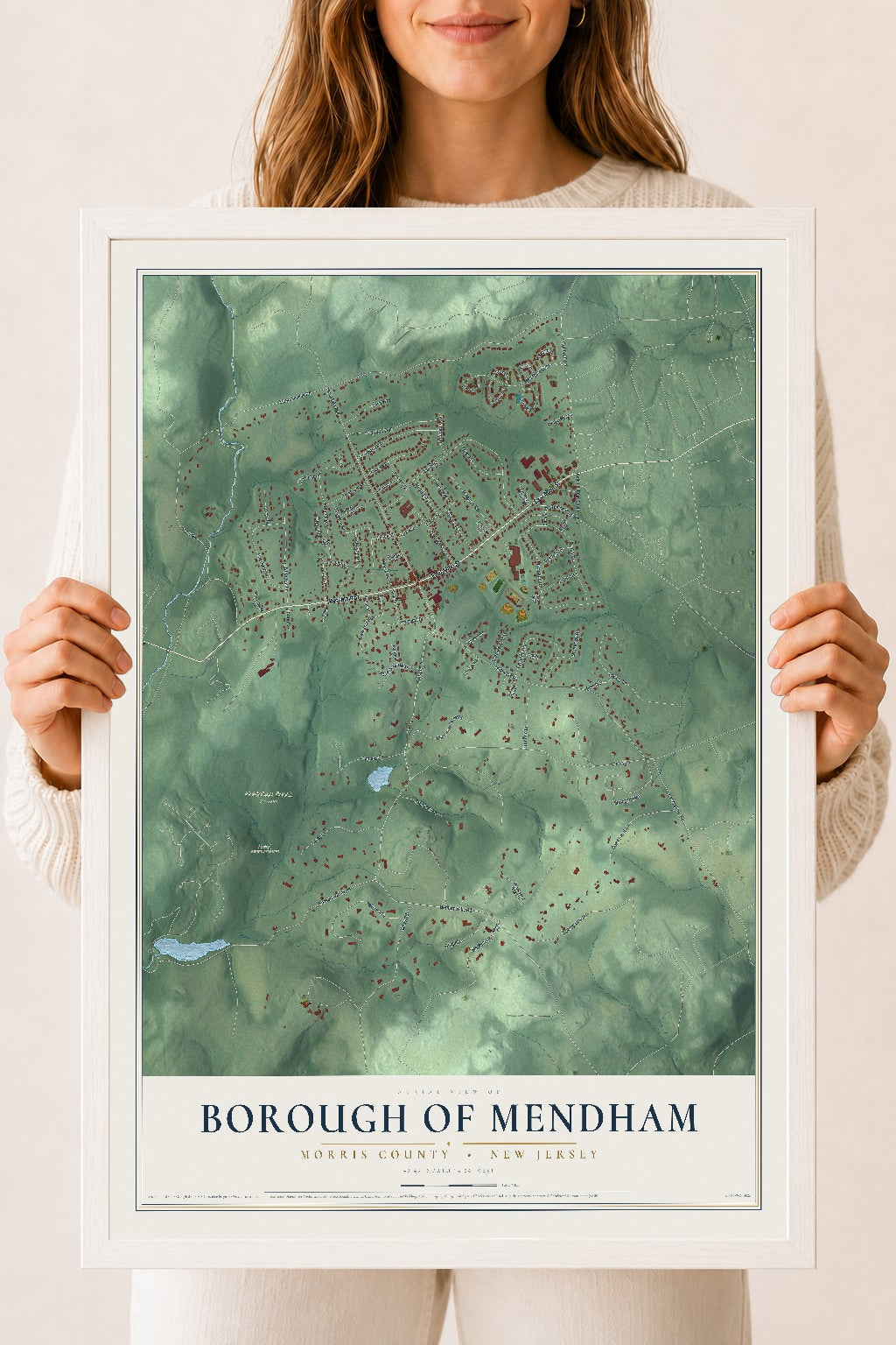 Borough of Mendham, New Jersey map print, 18" x 24" W/ White Ayous Wood Frame mockup