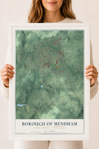 Borough of Mendham, New Jersey map print, 18" x 24" W/ White Ayous Wood Frame mockup