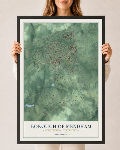Borough of Mendham, New Jersey map print, 24" x 36" W/ Black Ayous Wood Frame mockup
