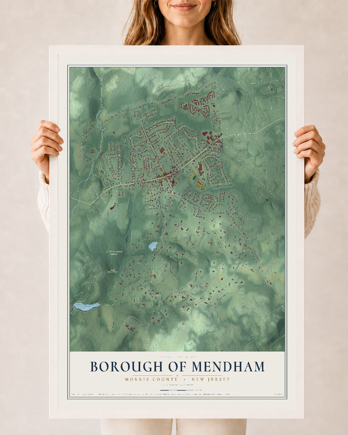 Borough of Mendham, New Jersey map print, 24" x 36" W/ White Ayous Wood Frame mockup