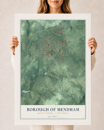 Borough of Mendham, New Jersey map print, 24" x 36" W/ White Ayous Wood Frame mockup