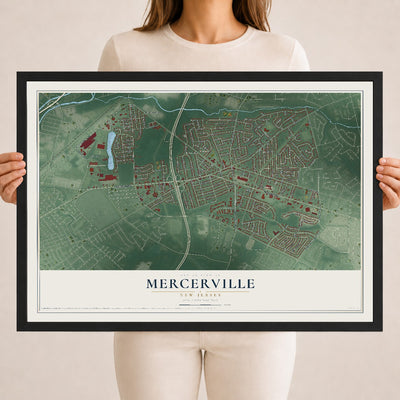 Mercerville, New Jersey map print, 18" x 24" W/ Black Ayous Wood Frame mockup