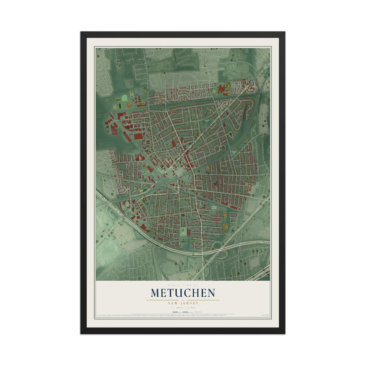 Metuchen, New Jersey map print, 12" x 18" W/ Black Ayous Wood Frame mockup