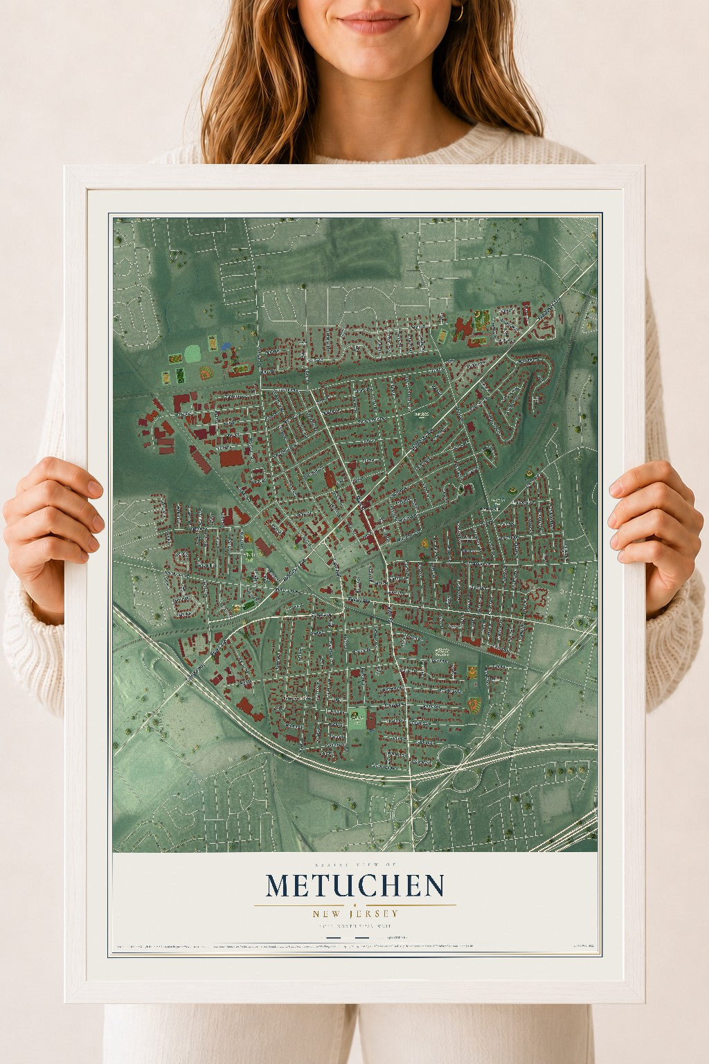 Metuchen, New Jersey map print, 18" x 24" W/ White Ayous Wood Frame mockup