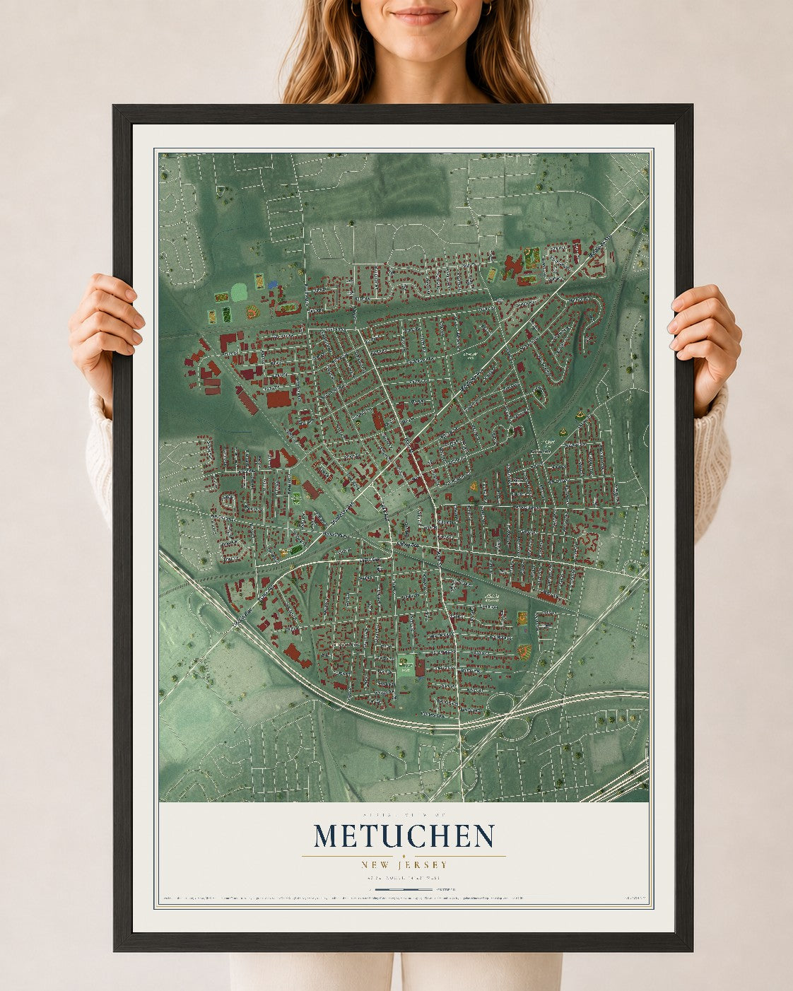 Metuchen, New Jersey map print, 24" x 36" W/ Black Ayous Wood Frame mockup