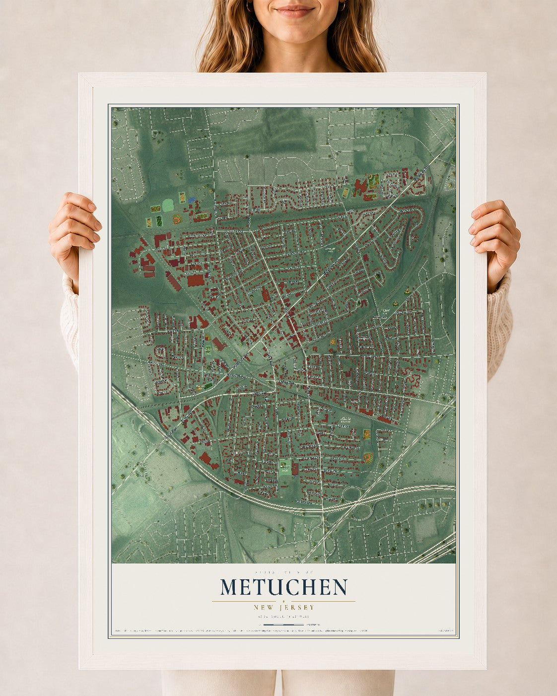 Metuchen, New Jersey map print, 24" x 36" W/ White Ayous Wood Frame mockup