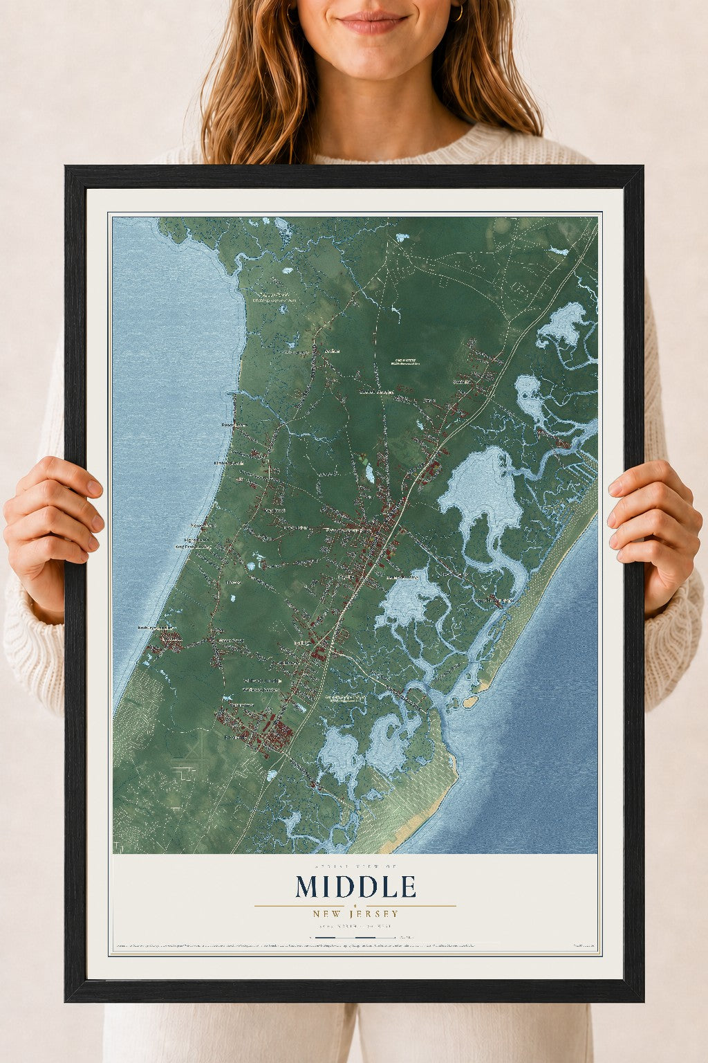 Middle, New Jersey map print, 18" x 24" W/ Black Ayous Wood Frame mockup