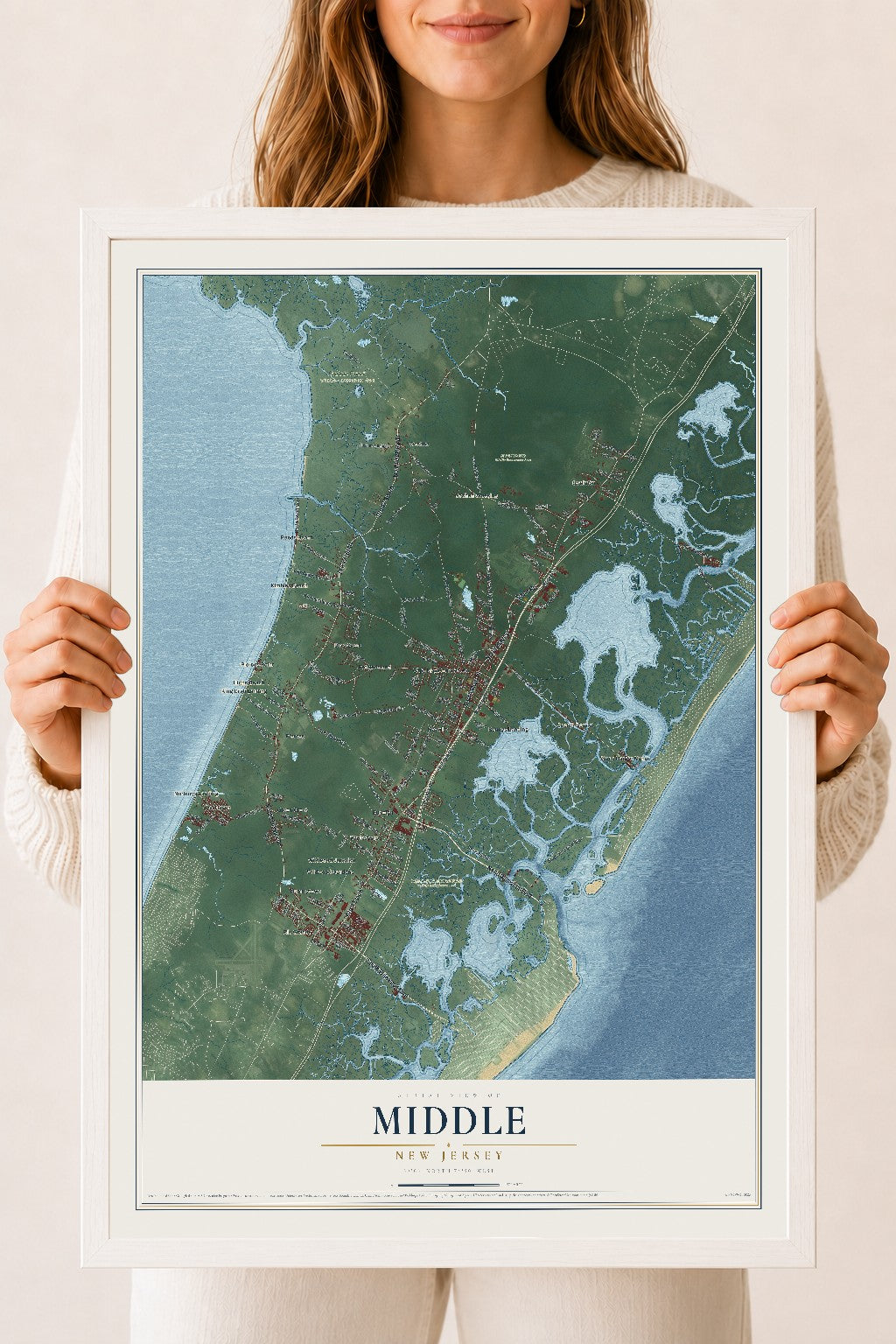Middle, New Jersey map print, 18" x 24" W/ White Ayous Wood Frame mockup