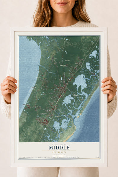 Middle, New Jersey map print, 18" x 24" W/ White Ayous Wood Frame mockup