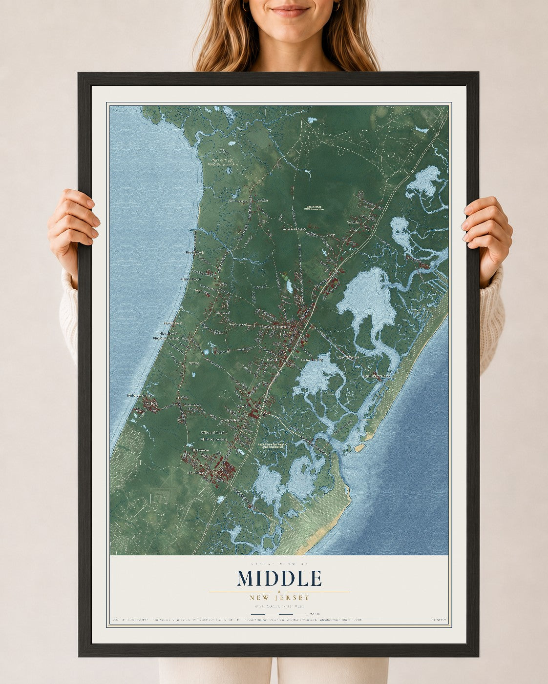 Middle, New Jersey map print, 24" x 36" W/ Black Ayous Wood Frame mockup