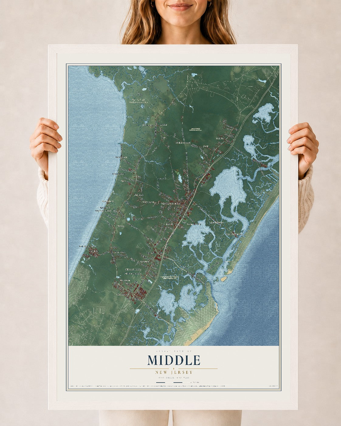 Middle, New Jersey map print, 24" x 36" W/ White Ayous Wood Frame mockup