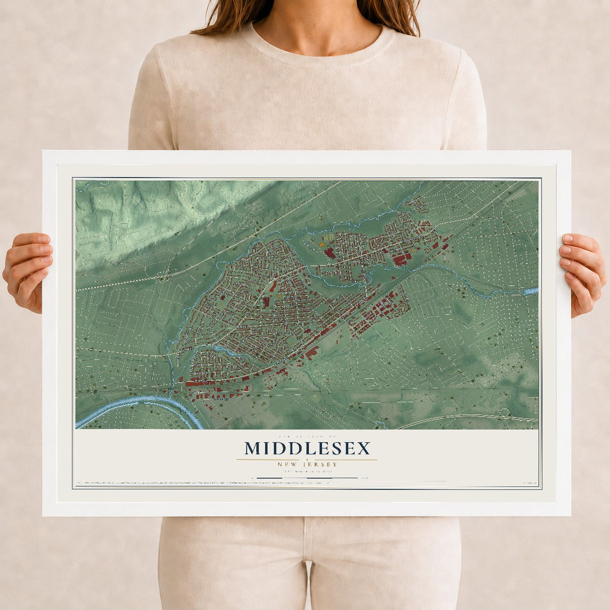 Middlesex, New Jersey map print, 12" x 18" W/ White Ayous Wood Frame mockup